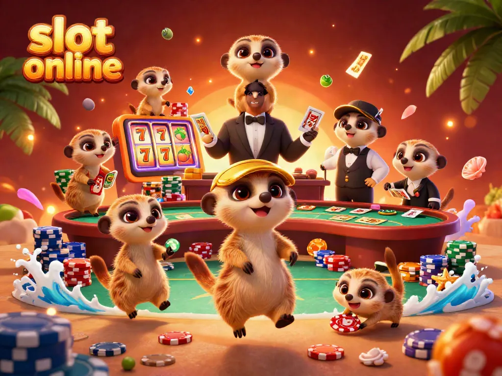 Experience thrilling gameplay with slot online adventures featuring animated meerkats in a bustling casino setting.