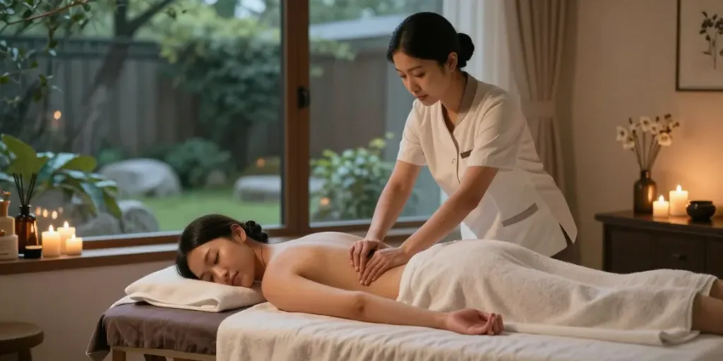 Experience premium 강남출장안마 in a serene luxury massage setting with soothing candles and ambient lighting.