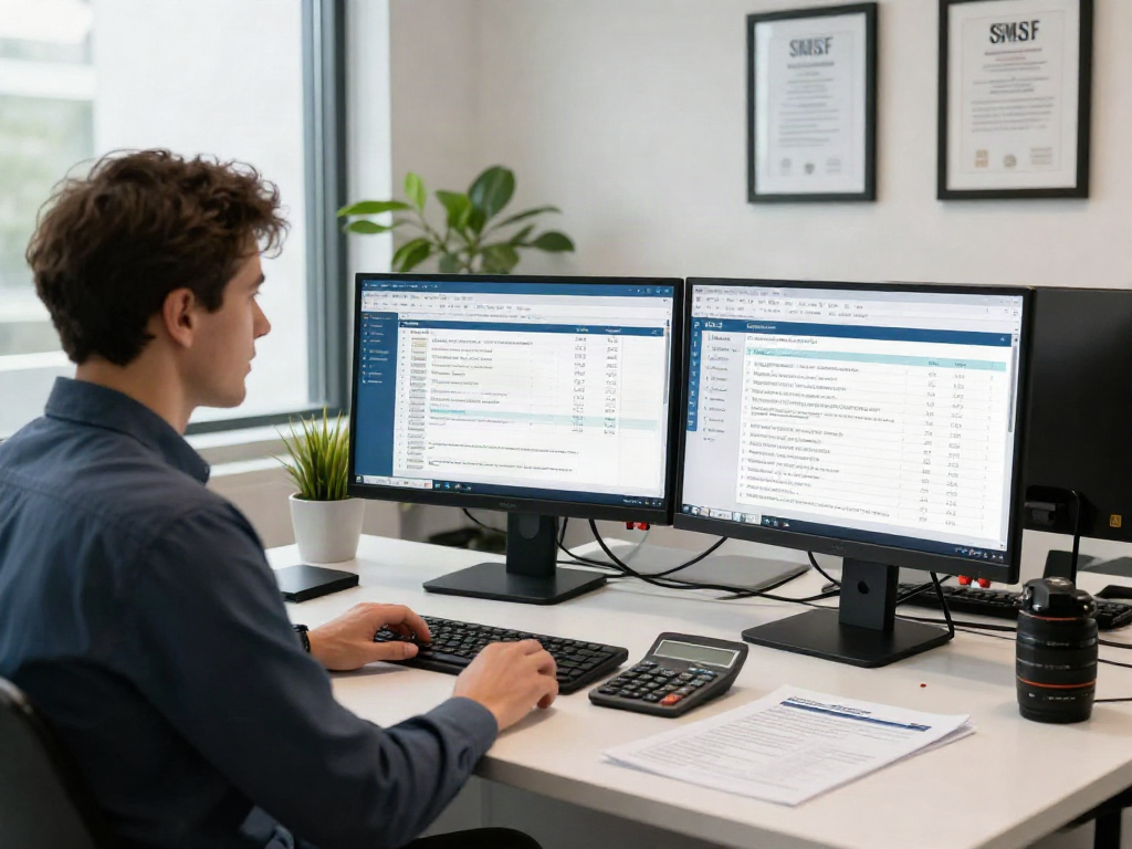 SMSF Accountant reviewing complex financials in a professional office.