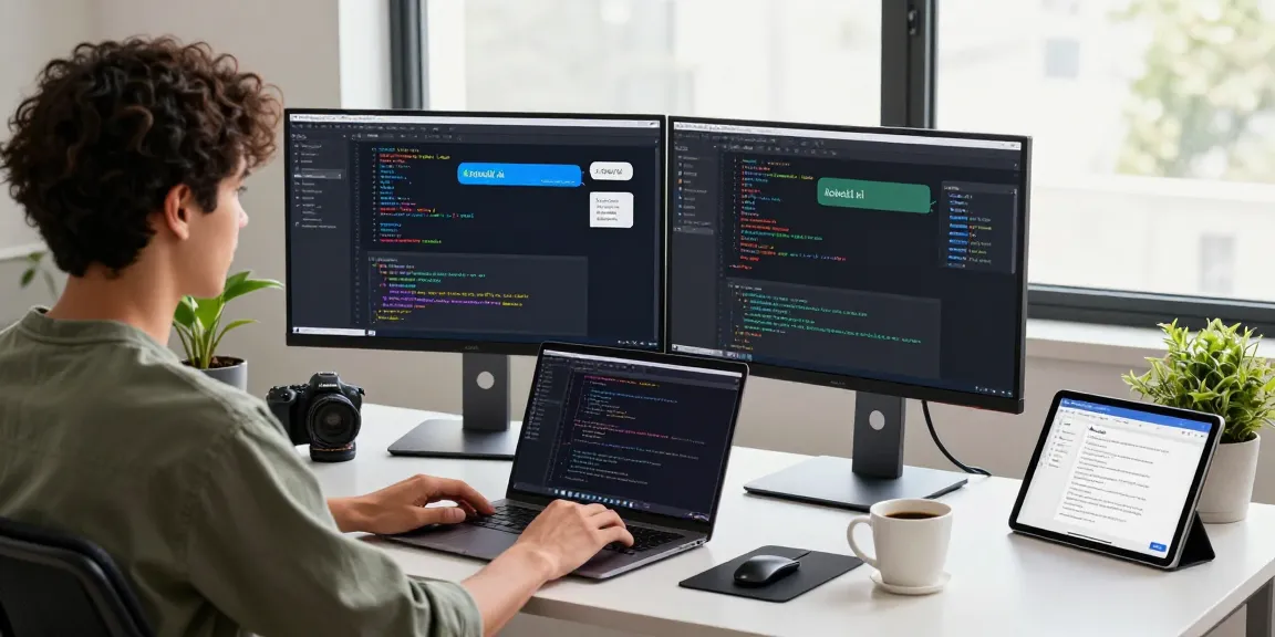 Dynamic tech workspace with developer coding on kobold ai setup, illuminated by natural light.