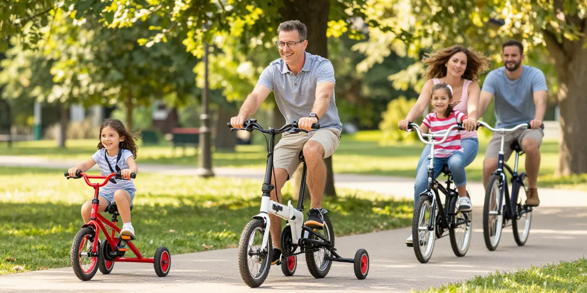Families enjoying tricycles in the park, showcasing electric and kids' models.