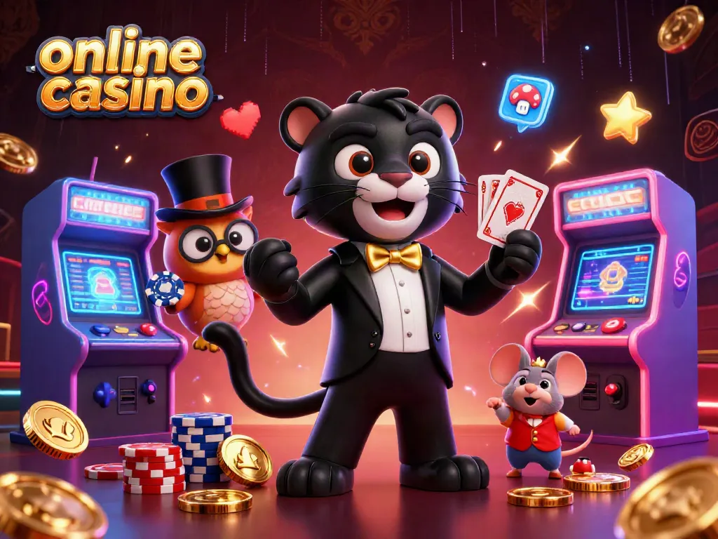 Juega en un casino online con una elegante pantera, un búho y un ratón en un ambiente vibrante.