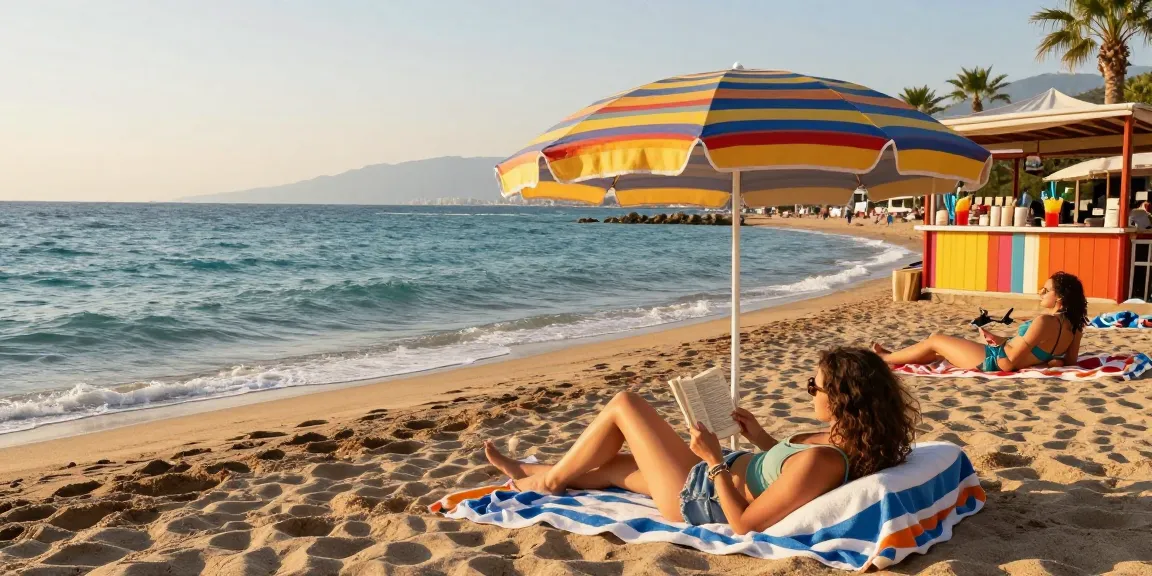 Antalya weather showcases a traveler relaxing on a sunny beach, surrounded by vibrant umbrellas and azure waves.