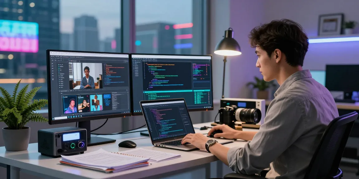 AI detector analysis in a modern workspace with computer screens displaying algorithms and dashboards.