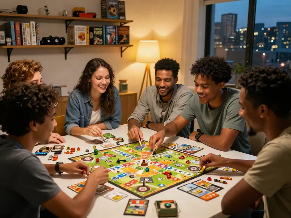 Friends enjoying game night with popular board games, laughter, and strategy discussions, showcasing the joy of community gaming.