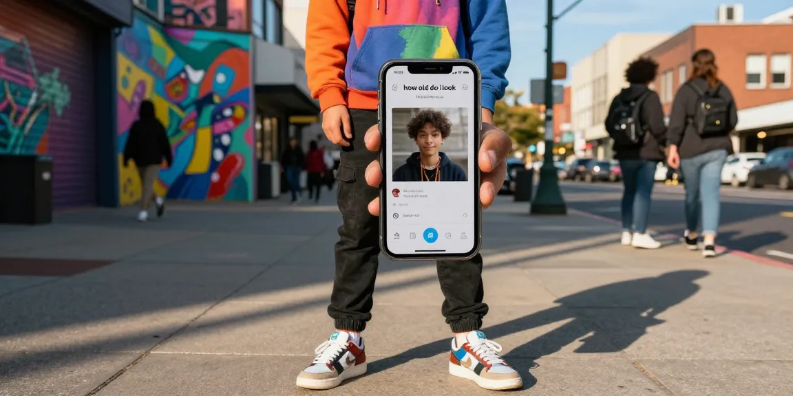 Young person using "how old do I look" app in trendy urban setting with colorful street art.