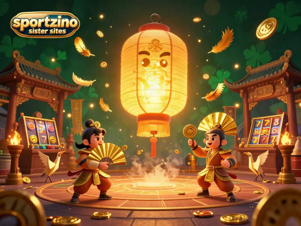 Engage with sportzino sister sites in a vibrant casino scene featuring a glowing lantern spirit surrounded by golden companions.
