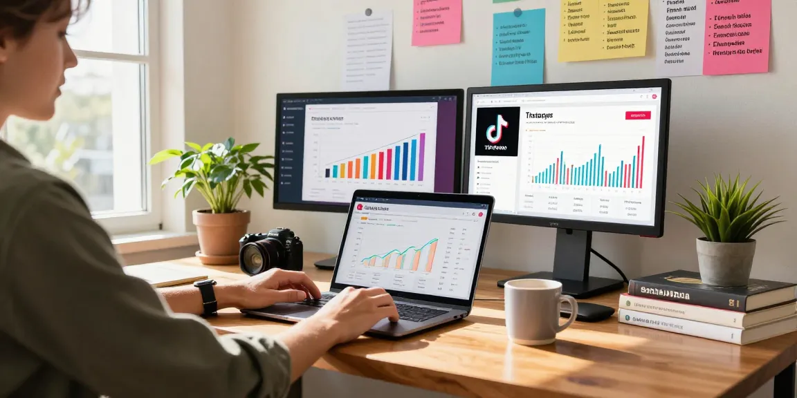 Engaged influencer in a home office analyzing growth metrics to buy active followers that keep your account safe.