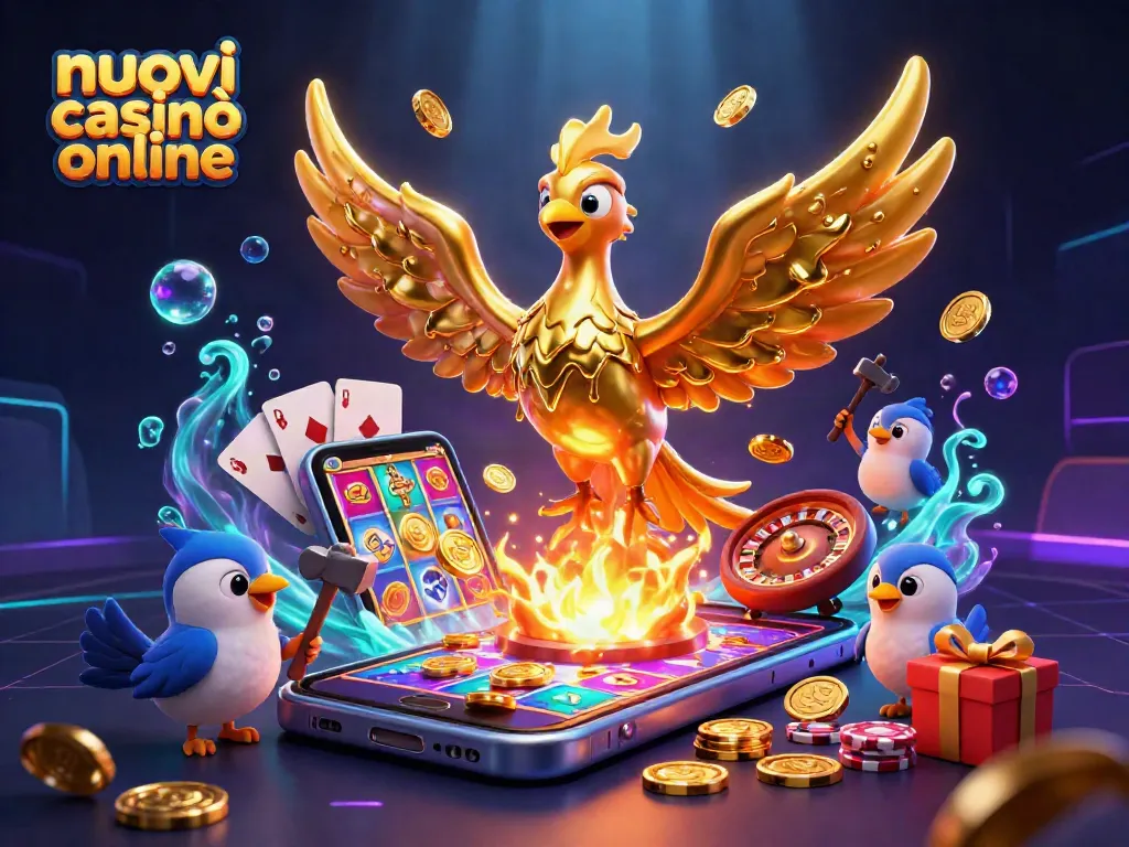 Visualizza la scena di gioco con i nuovi casinò online, includendo una fenice dorata e smartphone con giochi di slot.