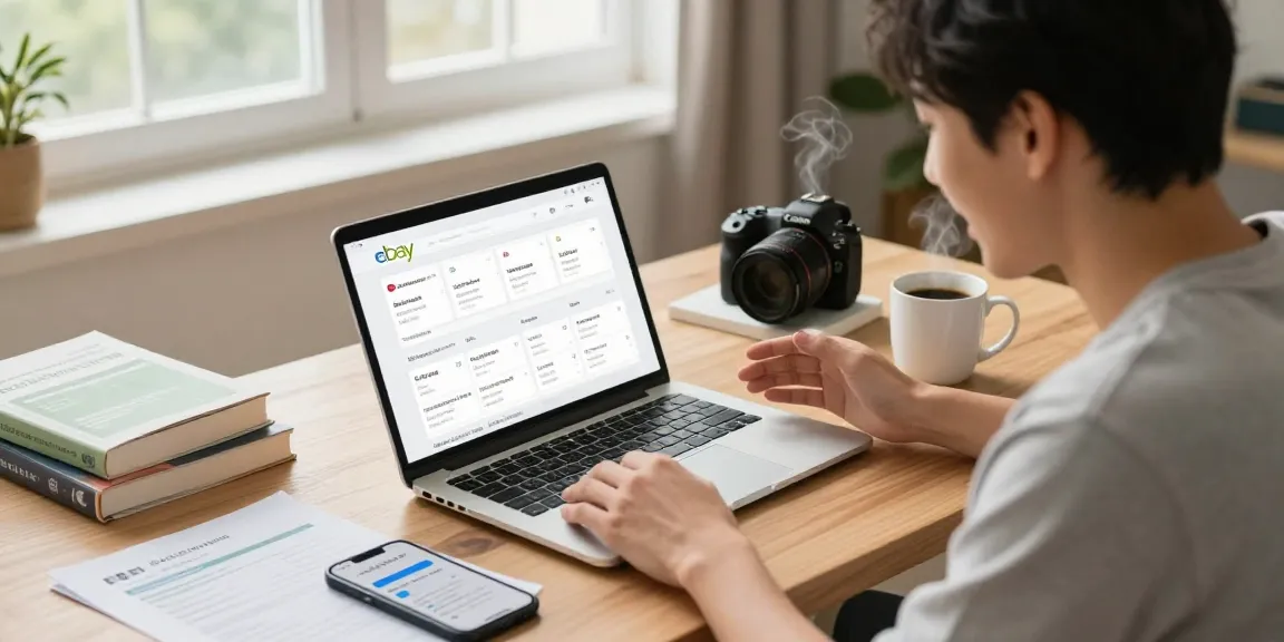 Buy eBay account for sale displayed on a laptop screen in a warm home setting.