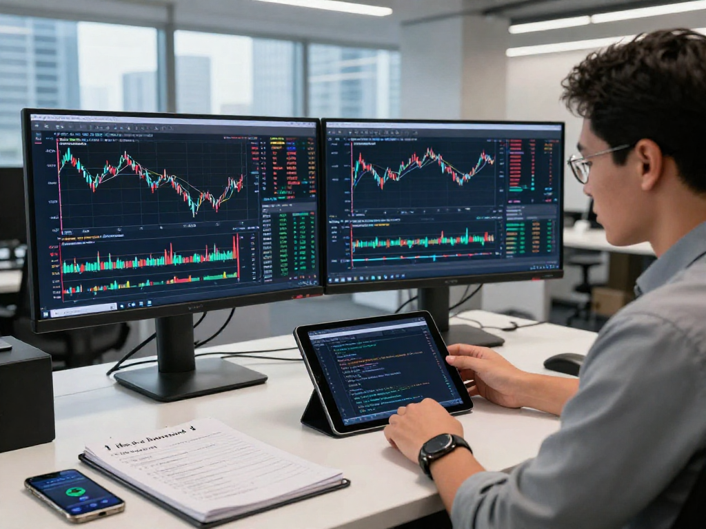 在TradingView官网分析市场动态的专业交易员，使用双显示器查看实时数据