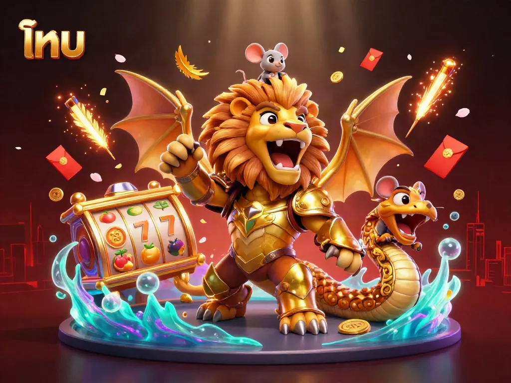 Experience exciting ไทย สล็อต action with golden reels, a chimera, and vibrant casino elements.