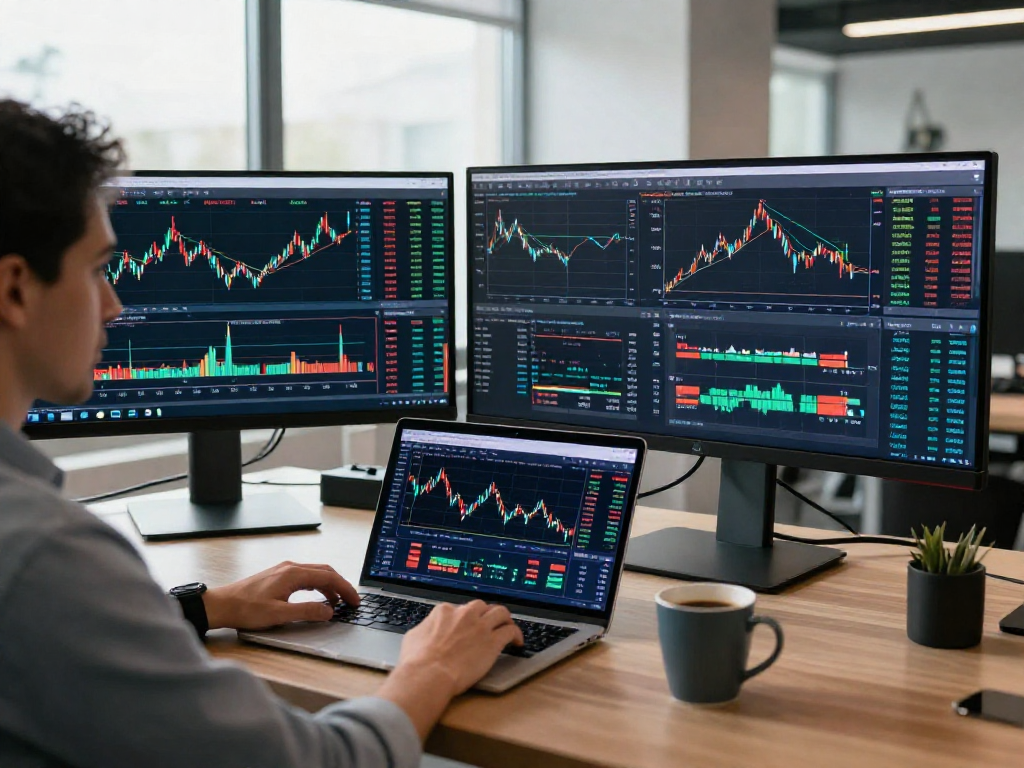 使用tradingview分析股票外汇和加密货币的交易员，展示现代化的交易工作环境和实时数据。