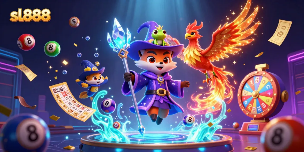 Experience sl888 excitement with a magical scene of a mystical fox wizard surrounded by colorful lottery elements.