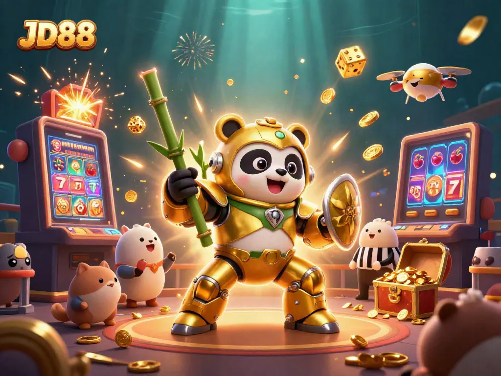 Experience thrilling action at JD88 with a golden panda piloting a fighting robot amidst a casino explosion of excitement.