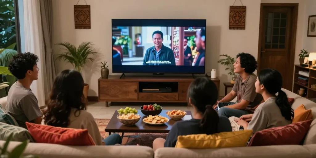 Friends enjoying JAV subtitle Indonesia movie night at home.