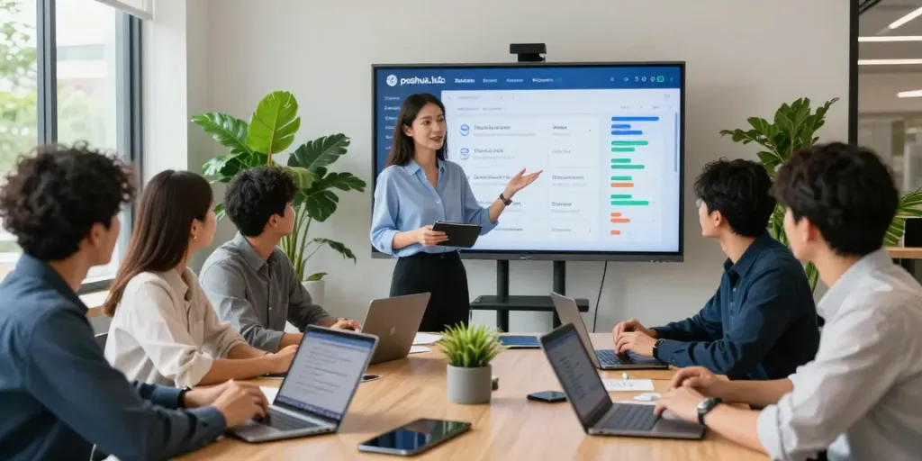 Collaborative meeting showcasing the information portal poshuk.info in a modern workspace for effective service provider searches.