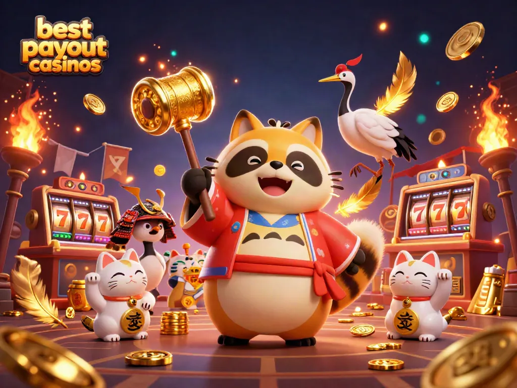 Experience the best payout casinos with a vibrant 3D scene of luck and wins featuring cheerful characters and rich casino elements.