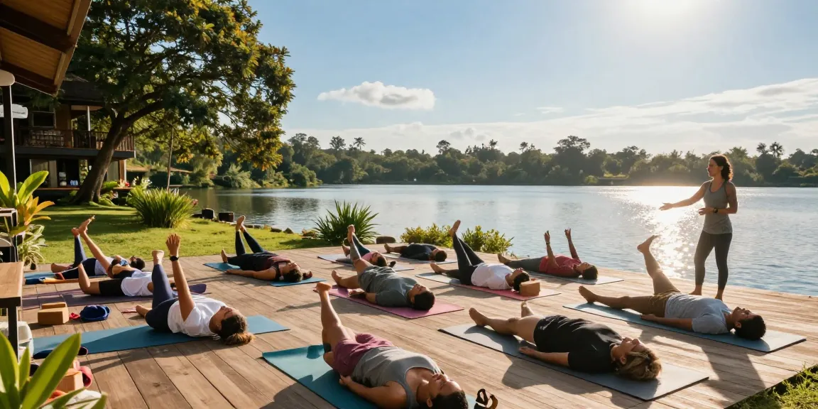 200 hour yoga teacher training sri lanka with diverse students practicing yoga lakeside, serene atmosphere and lush surroundings.