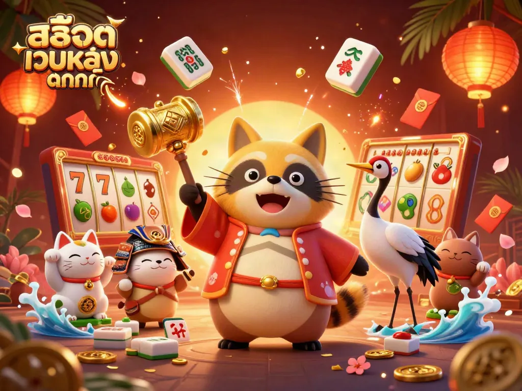 ภาพการ์ตูน 3D สล็อตเว็บตรงแตกดี แสดงนกกระเรียนและแมวกวักในบรรยากาศแบบญี่ปุ่น