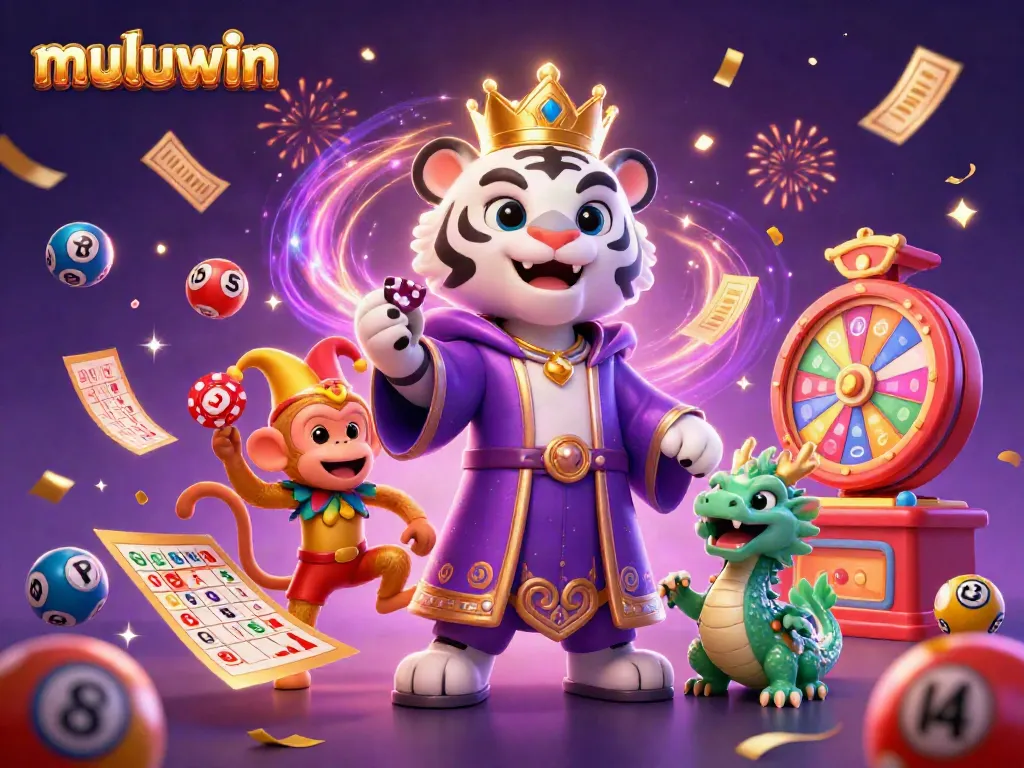 Engaging action at Muluwin with a tiger and monkey amidst lottery balls and confetti.