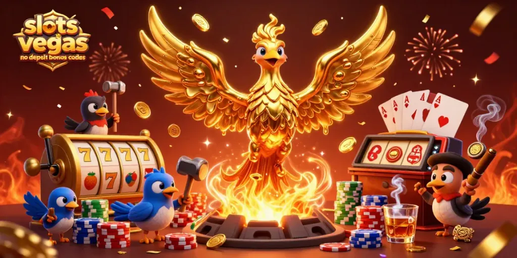 Engage with slots of vegas no deposit bonus codes through a vibrant 3D illustration featuring a golden phoenix and slot elements.