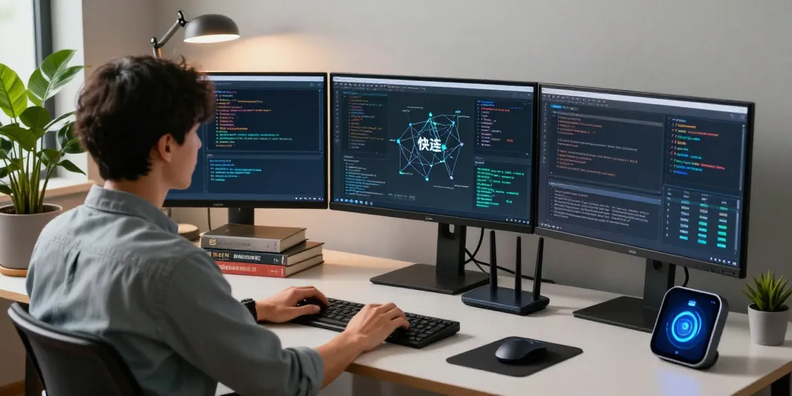 快连 network optimization software displayed on multiple screens in a modern tech workspace.