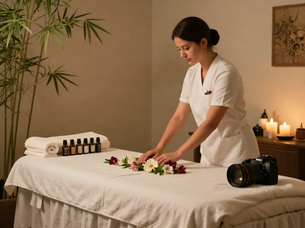 출장안마 services in a serene spa environment with a professional masseuse preparing for a session.