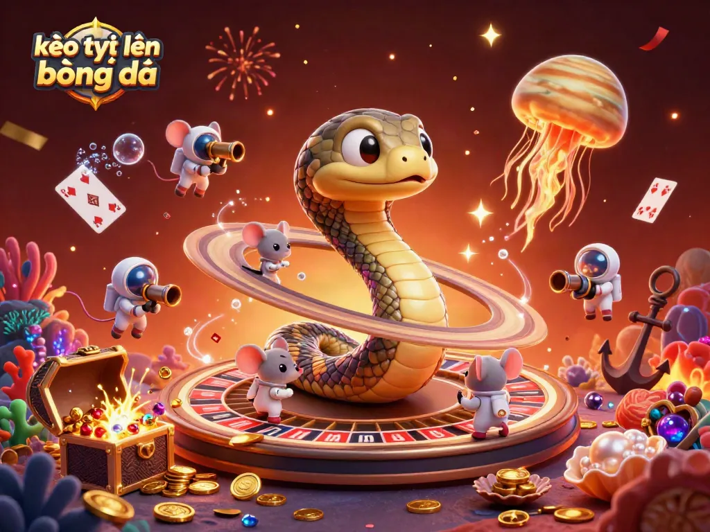 Cược kèo trực tuyến bóng đá với rắn sao Thổ xoay vòng và người chơi vũ trụ đặt cược.