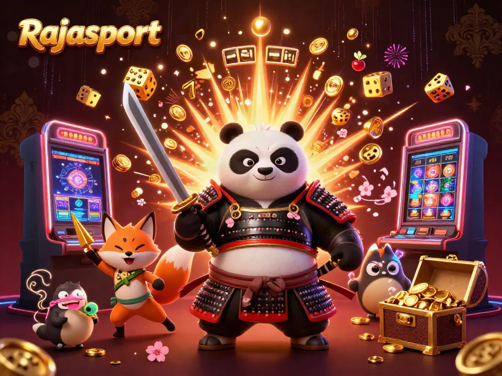 Rajasport menghadirkan kombinasi karakter kartun dan jackpot mesin slot dalam ilustrasi kasino dinamis.