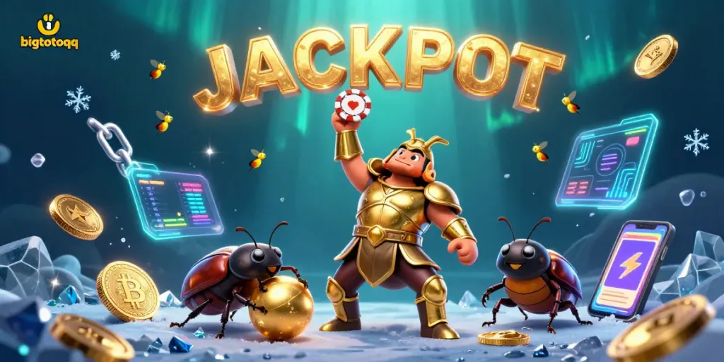 Engage with the bigtotoqq casino experience, showcasing a victorious beetle lifting a poker chip amidst vibrant game elements.