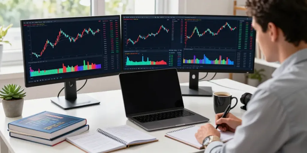 Focused trader analyzing TradingView charts in a well-lit home office.