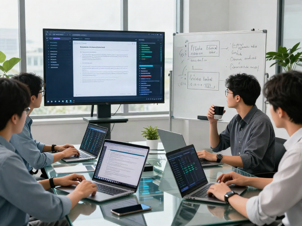 Collaborative team analyzing document fraud detection software metrics in a high-tech workspace