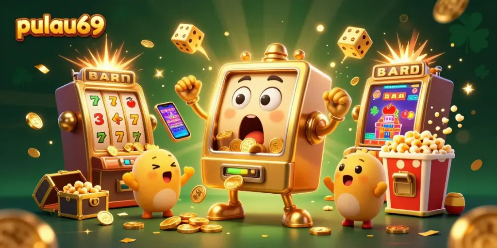 Engage with pulau69 as golden slot machines hit jackpots amidst a vibrant casino atmosphere.
