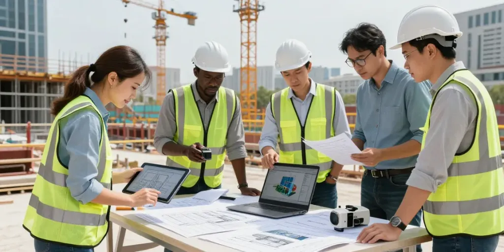 BIM services team collaborating on models at a construction site