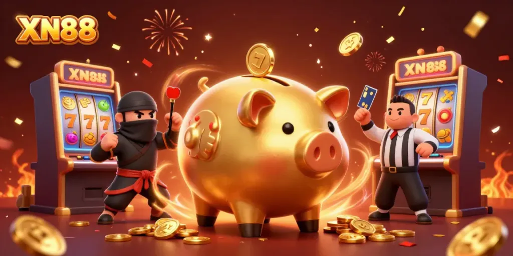 Experience the thrill of XN88 with vibrant slot action featuring a golden sumo wrestler and dynamic game elements.