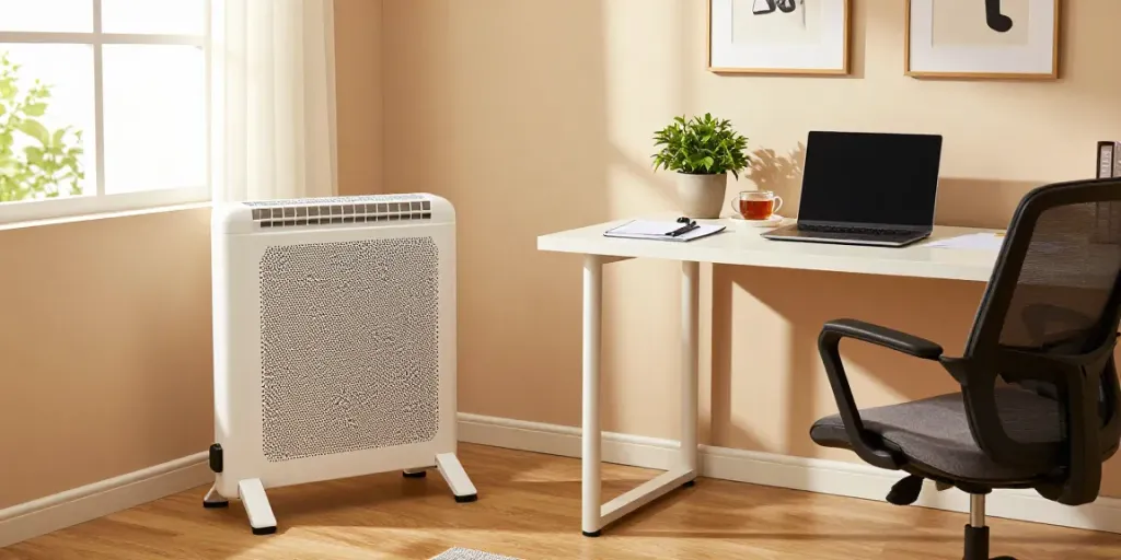 Cozy home office showcasing a convector heater providing warmth and comfort during work hours.
