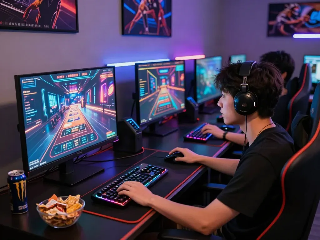 Gaming enthusiast engrossed in ahha4d online gaming action with high-tech setup.