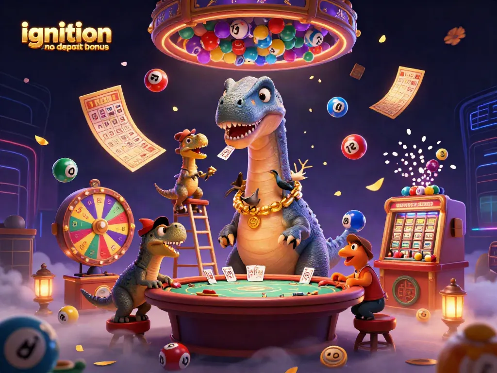 Engage with the ignition casino no deposit bonus in a vibrant casino scene featuring a giant brontosaurus and clever raptor.