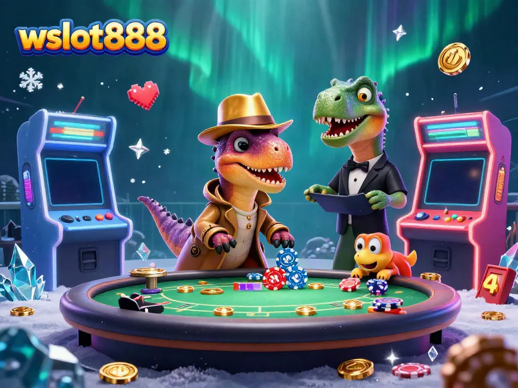 Velociraptor di meja blackjack di wslot888, dikelilingi permainan 3D yang cerah.