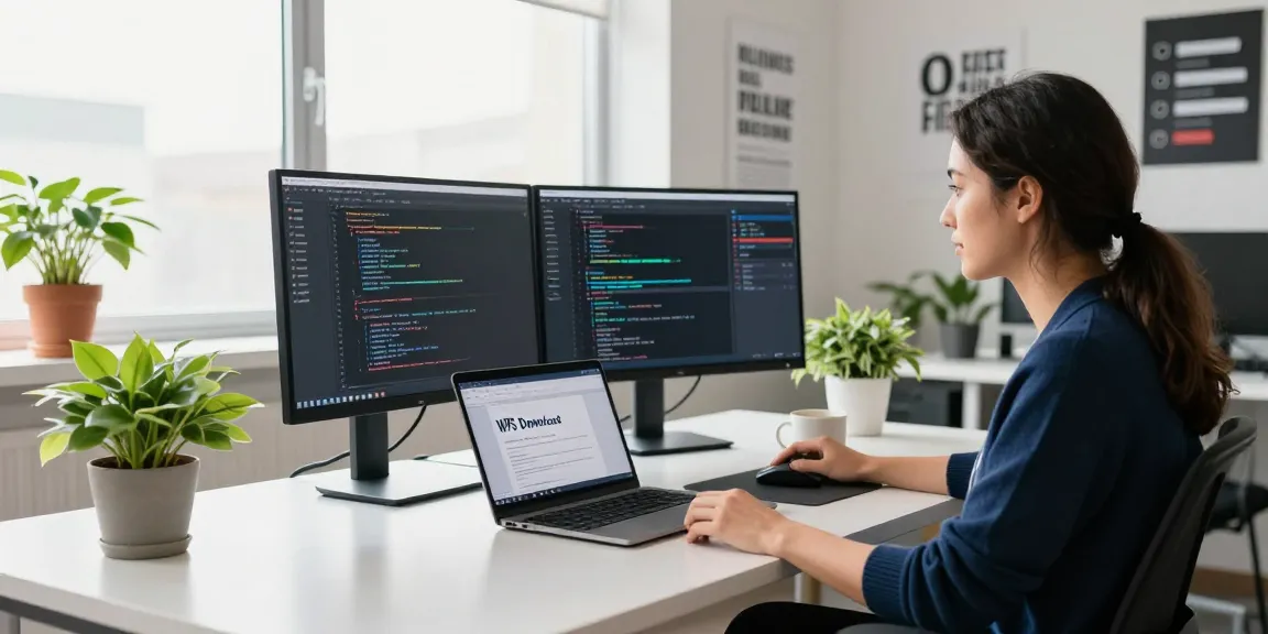 WPS Download workspace with a developer coding on dual monitors in a modern office setting.