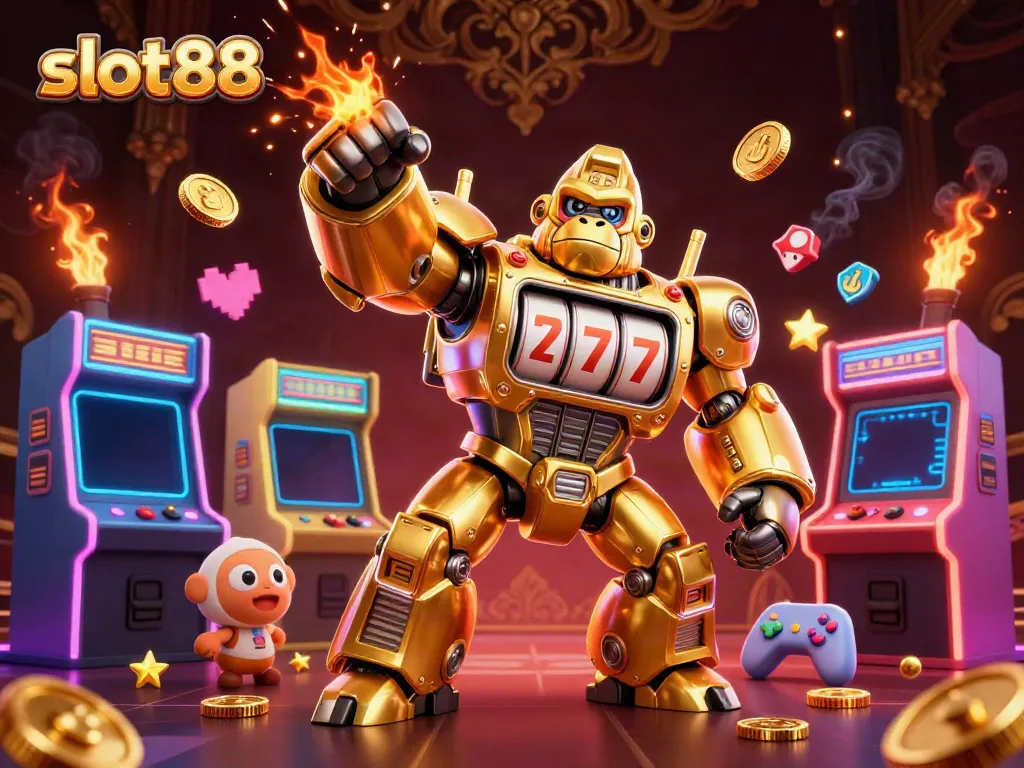 Spin to win with slot88 as a golden gorilla mech showcases jackpot excitement amidst vibrant gaming elements.
