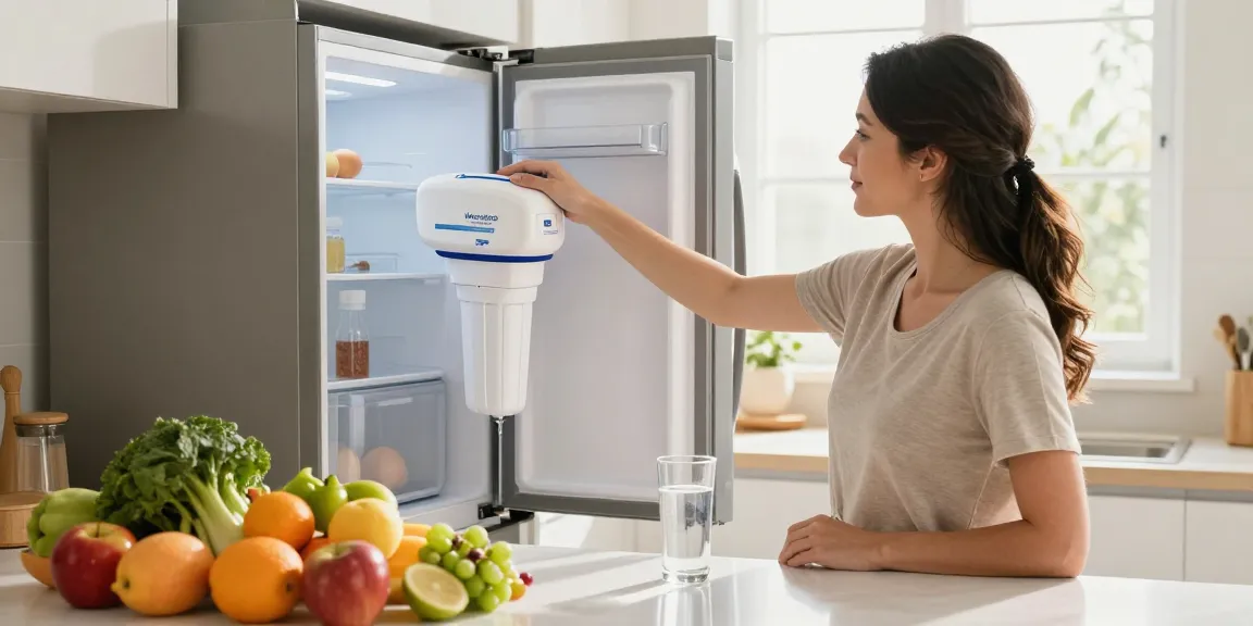 Woman replacing Waterdrop EDR3RXD1 Replacement for Everydrop® Filter 3 in a bright kitchen, promoting healthy drinking water.