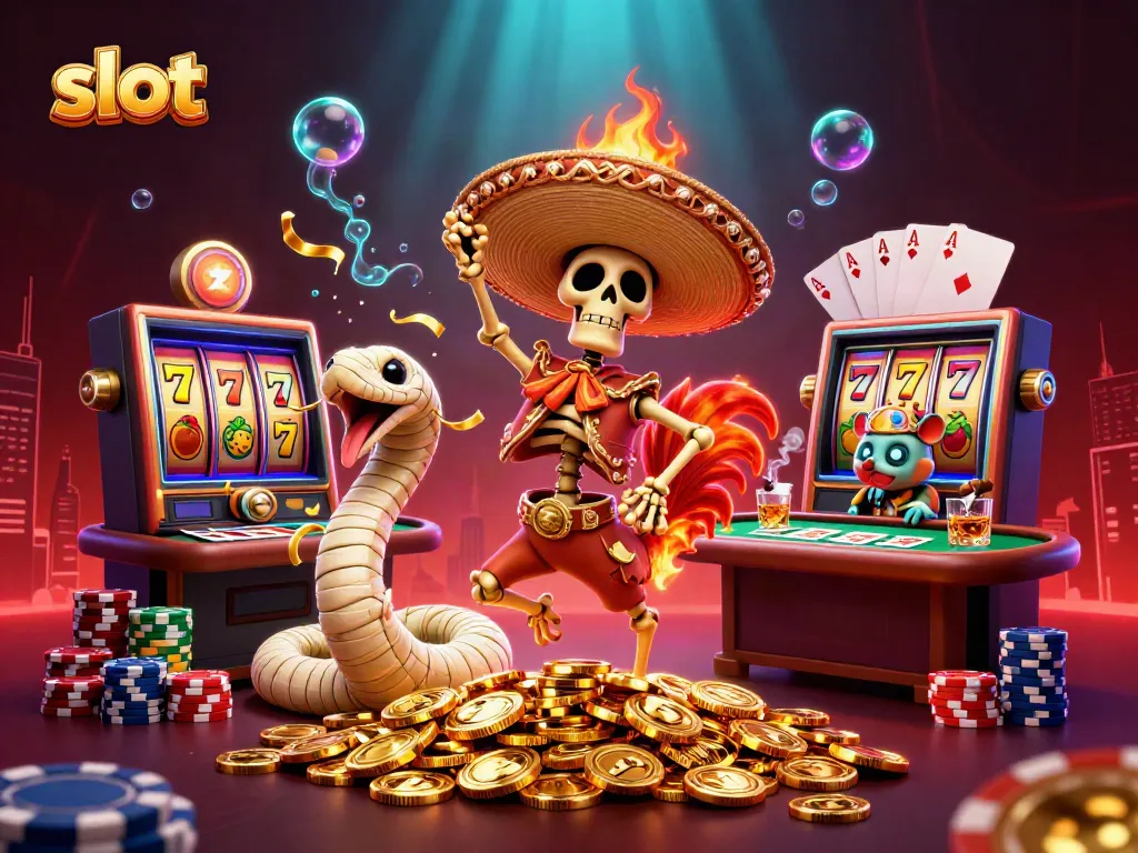 Slot yang menampilkan simbol keberuntungan dan dadu, skeleton mariachi merayakan kemenangan di atas koin emas.