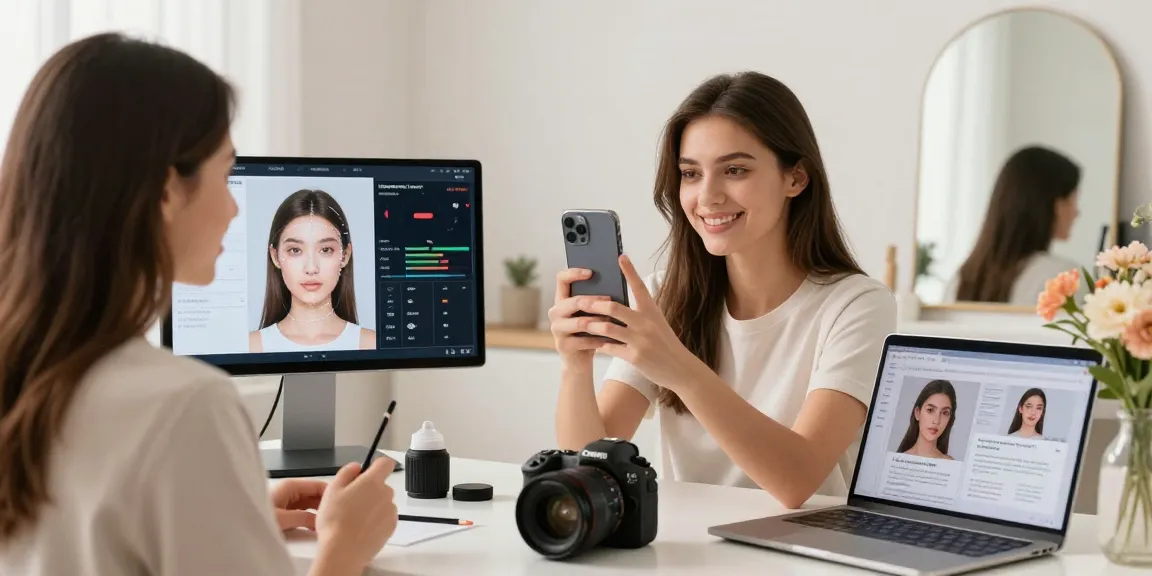 Woman using an attractive test app on her phone to assess her beauty.