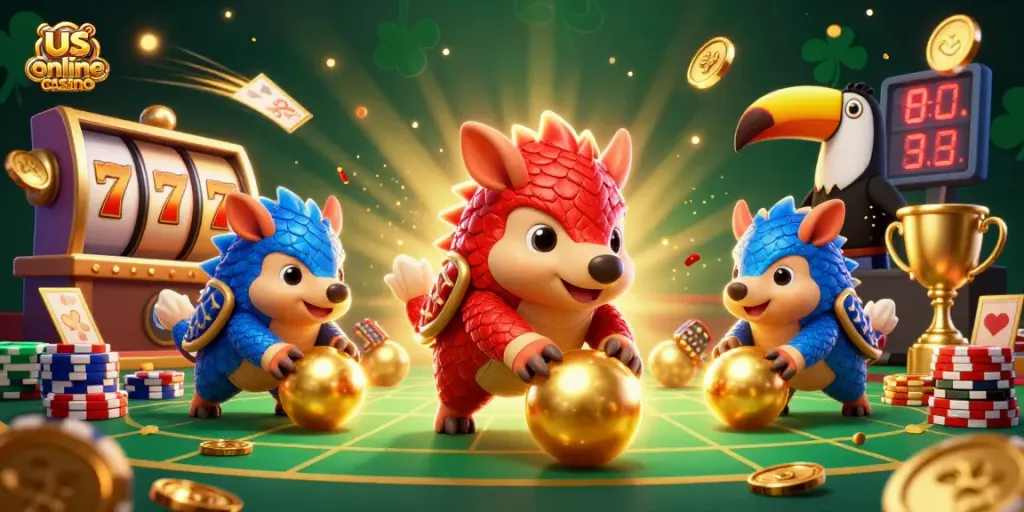 Engage with top us online casino themes featuring animated pangolins bowling through chips and gold