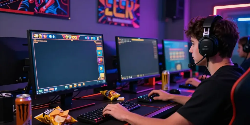 Engaged gamer playing slot gacor online, colorful game interface on laptop.