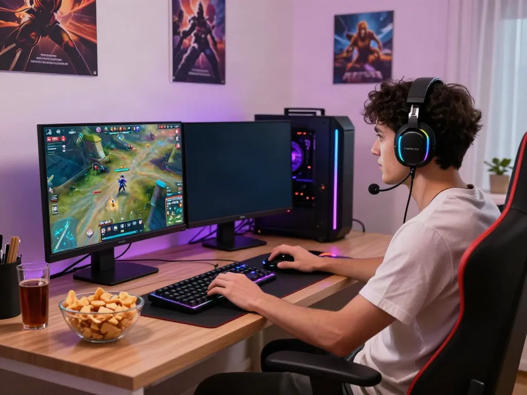Gamer engaged in an intense ahha4d online gaming session at home with dual monitors.