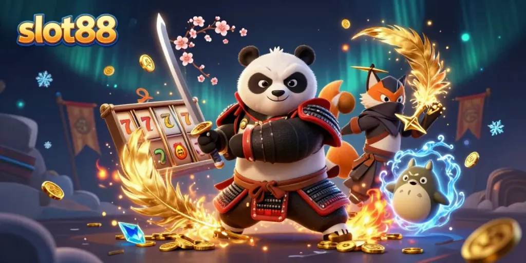 Ilustrasi 3D menampilkan slot88 dengan panda samurai dan rubah ninja dalam suasana kasino yang dinamis.