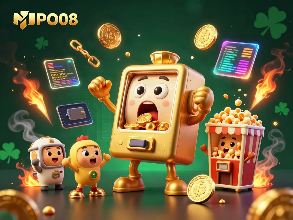 Celebrate jackpots with MPO08's lively cartoon slot machine surrounded by neon cryptocurrency coins.